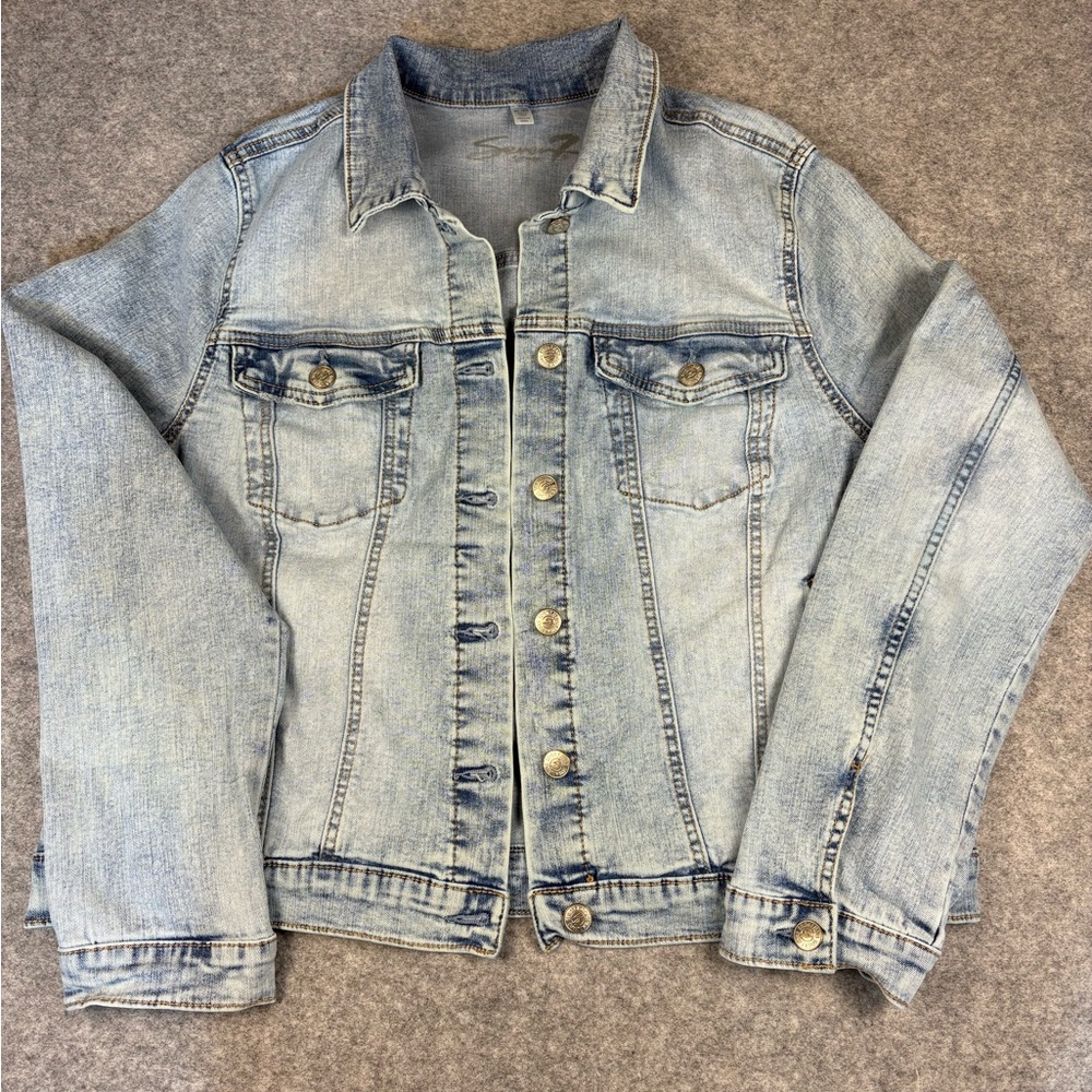 Seven7 Light Wash Denim Jacket Classic Trucker Distressed Acid Blue XL